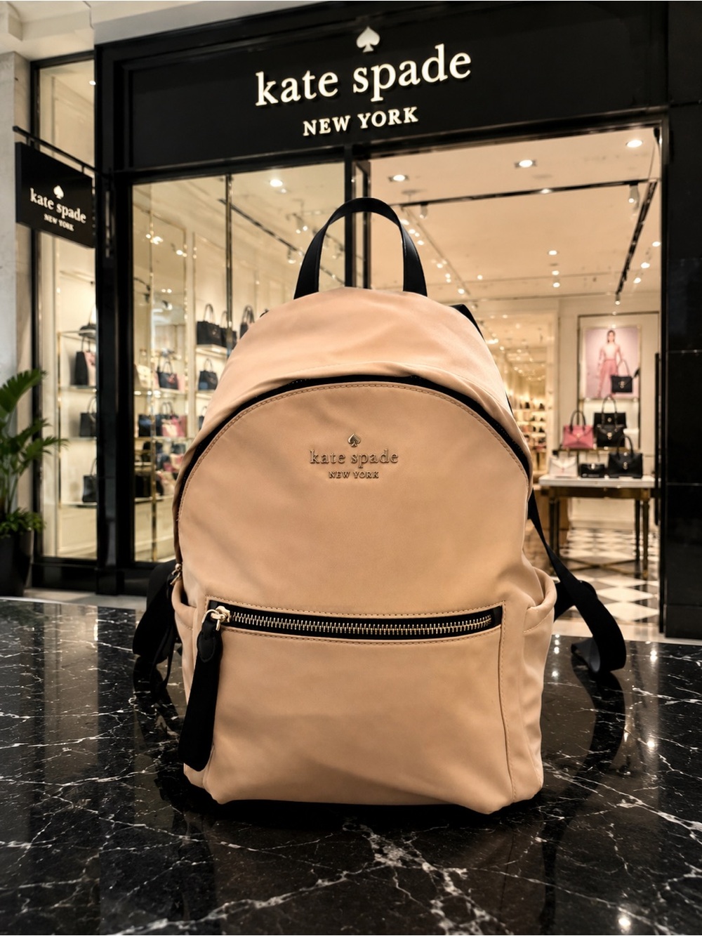 KATE SPADE NEW YORK Chelsea Nylon Medium Backpack Beige & Black